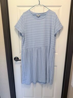 LOFT Light Blue and White Striped Casual Dress